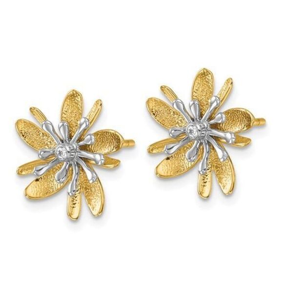 Herco 14K Two-tone Polished and Textured Diamond Flower Post Earrings - Picture 2 of 5